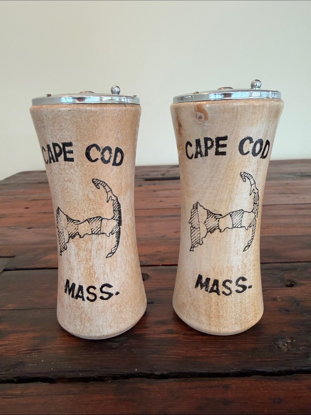 Vintage Cape Cod Mass. Wooden Salt and Pepper Shakers - Natural Wood.